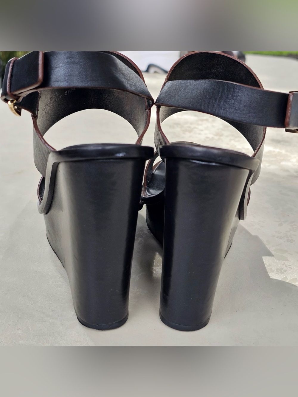π€ Tory Burch Black Leather Platform Wedge Sandals Size 8.5 - Picture 4 of 14